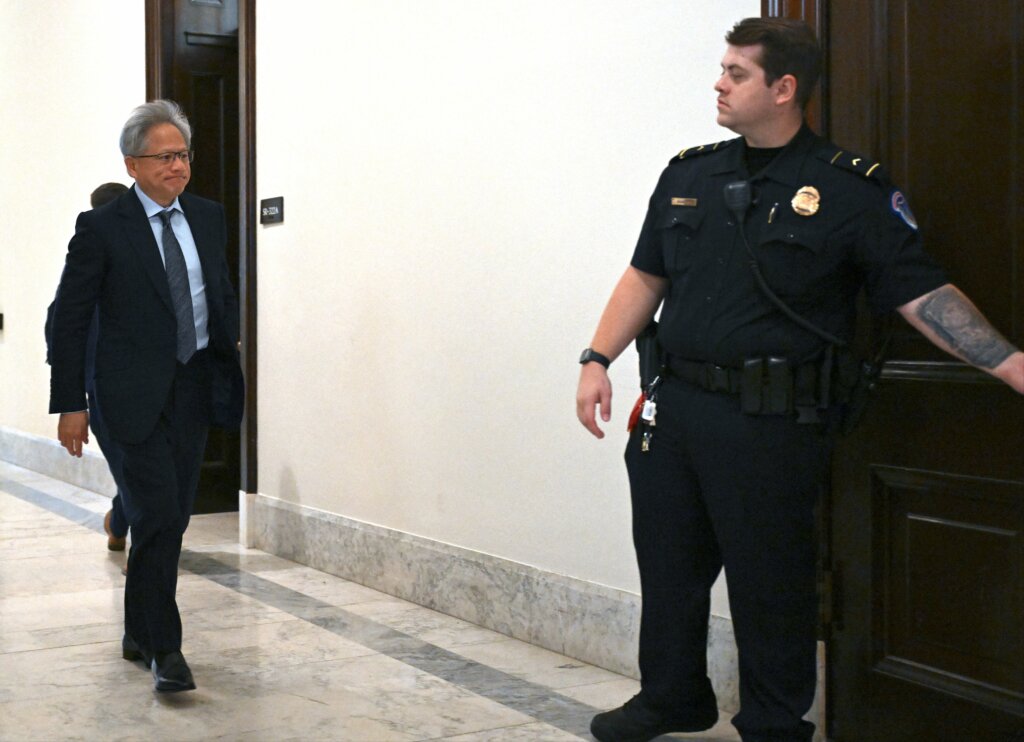 Jensen Huang, President and CEO of Nvidia Corporation, returns to the hearing room during a US Senate bipartisan Artificial Intelligence (AI) Insight Forum at the US Capitol in Washington, DC, on September 13, 2023. (Photo by ANDREW CABALLERO-REYNOLDS / AFP)