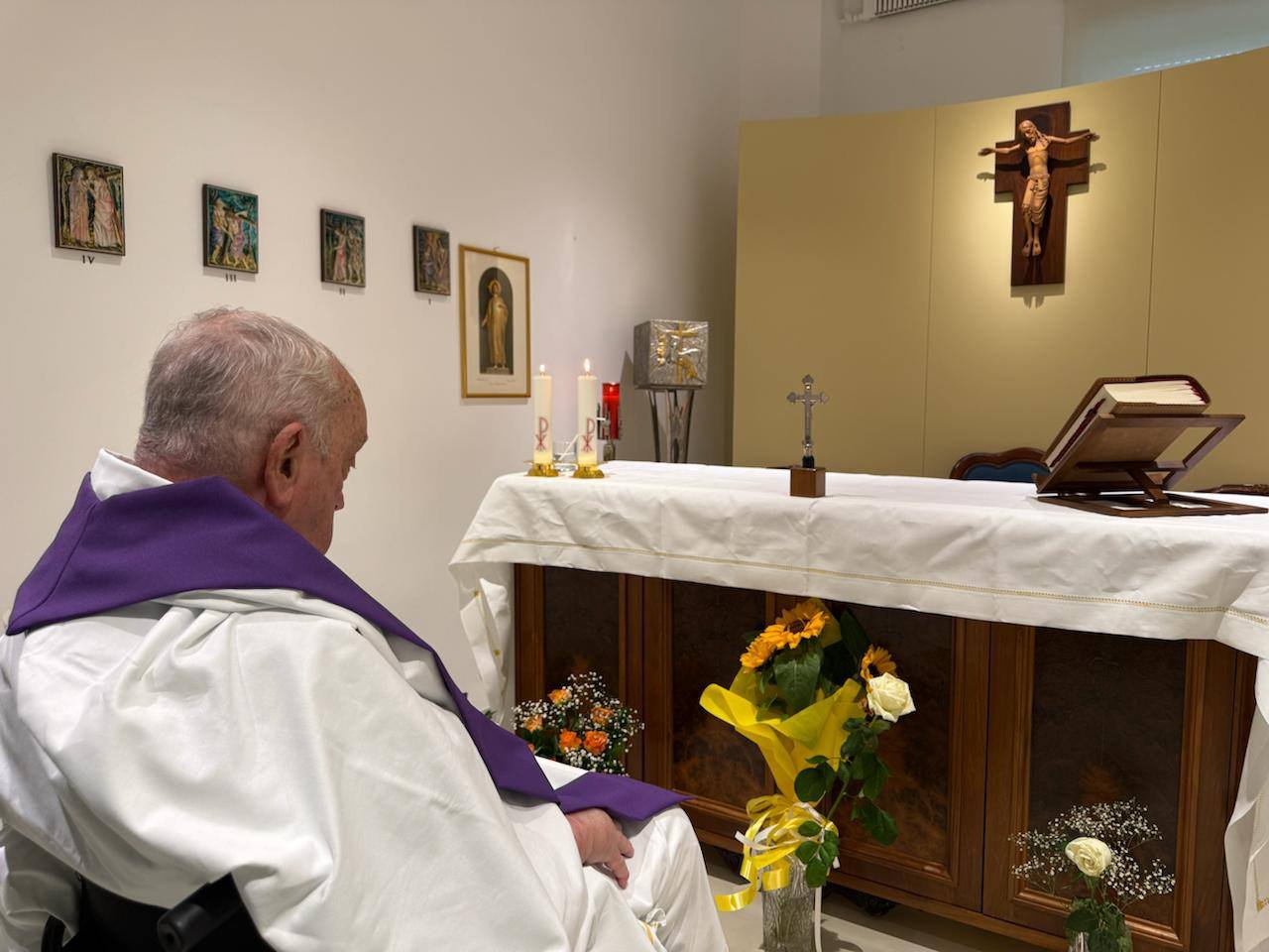 Pope Francis is seen in the chapel of his suite of rooms at Rome's Gemelli hospital March 16, 2025. Pope Francis is seen in the chapel of his suite of rooms at Rome's Gemelli hospital March 16, 2025. The Vatican press office said the 88-year-old pope concelebrated Mass that morning. (CNS photo/Vatican Press Office