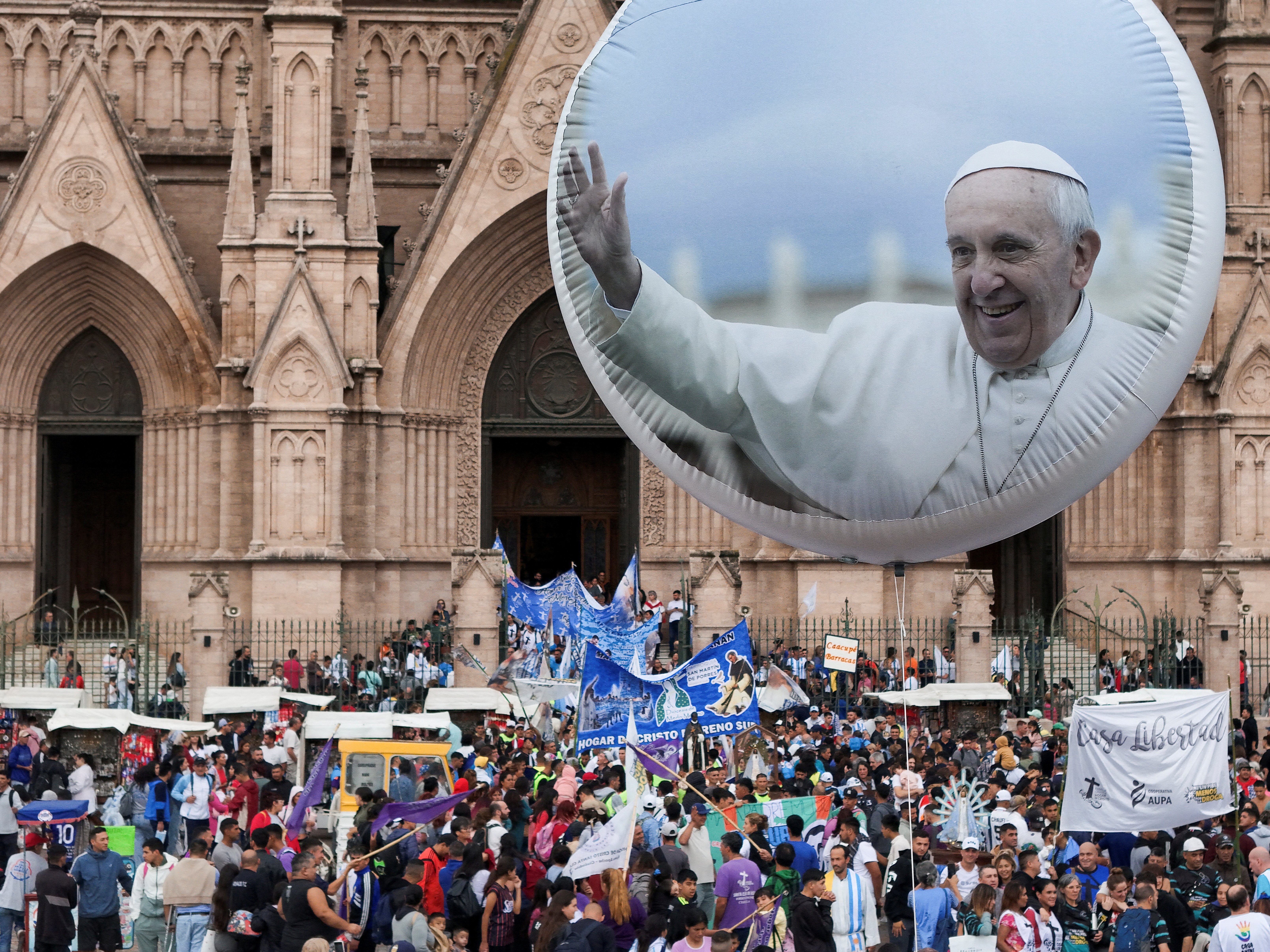 ARGENTINA MASS POPE FRANCIS RECOVERY ARGENTINA MASS POPE FRANCIS RECOVERY A balloon with an image of Pope Francis is seen as thousands of worshippers gather to attend a Mass at the Basilica of Lujan in Buenos Aires, Argentina, March 16, 2025, to pray for the pope amid his ongoing treatment for double pneumonia at Rome's Gemelli Hospital, where he was admitted Feb. 14. The Vatican confirmed that the 88-year-old pontiff concelebrated Mass at the hospital chapel March 16. (OSV News photo/Martin Cossarini, Reuters)