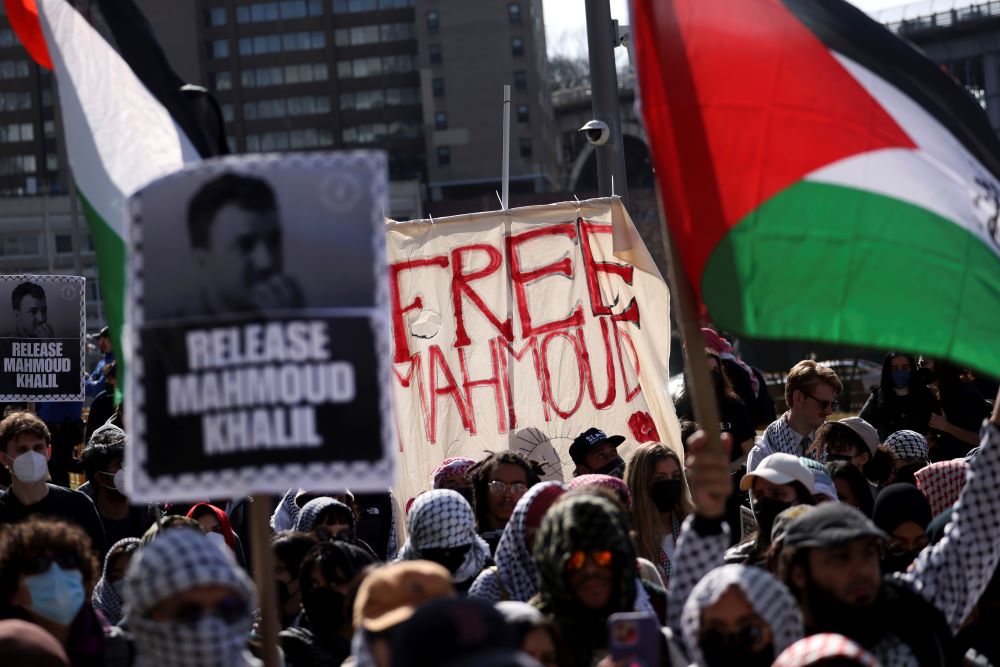 Protesters rally in support of detained Palestinian activist Mahmoud Khalil, Friday, March 14 in New York.
