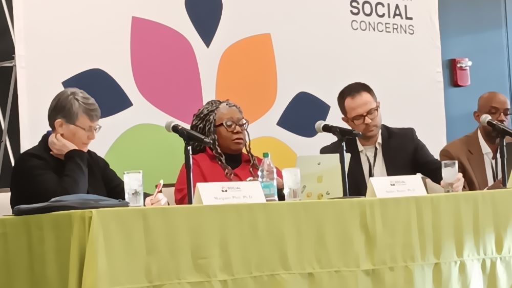 Panelists sit at table.