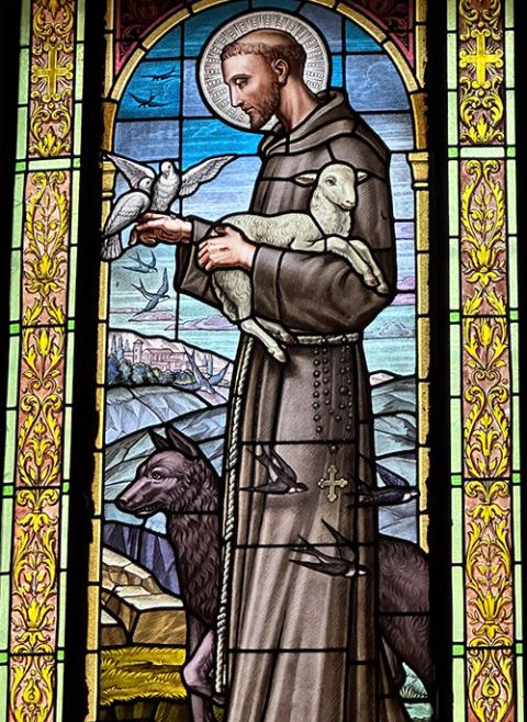 St. Francis with Brother Wolf is depicted in the stained glass in Chiesa Parrocchiale di San Filippo e San Giacomo (Church of St. Philip and St. James), a Catholic church in Rueglio, Italy, outside of Turin in Italy's Piedmont mountain region, where wolves currently coexist with wildlife and farmers. (Nancy F. Castaldo)