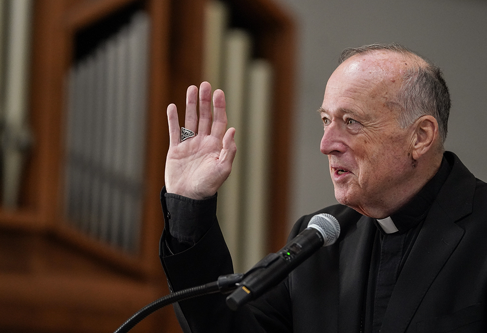 Cardinal Robert McElroy addresses reporters Feb. 27 at the San Diego Archdiocesan Pastoral Center in his final news conference as San Diego's Catholic spiritual leader.(NCR photo/Chris Stone)