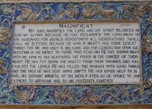 A plaque of the Magnificat in English is seen at the Church of the Visitation in Ein Karem, Jerusalem. (Wikimedia Commons/Deror avi)