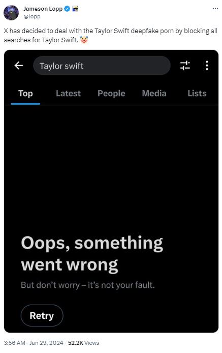 X has blocked the search for Taylor Swift. 