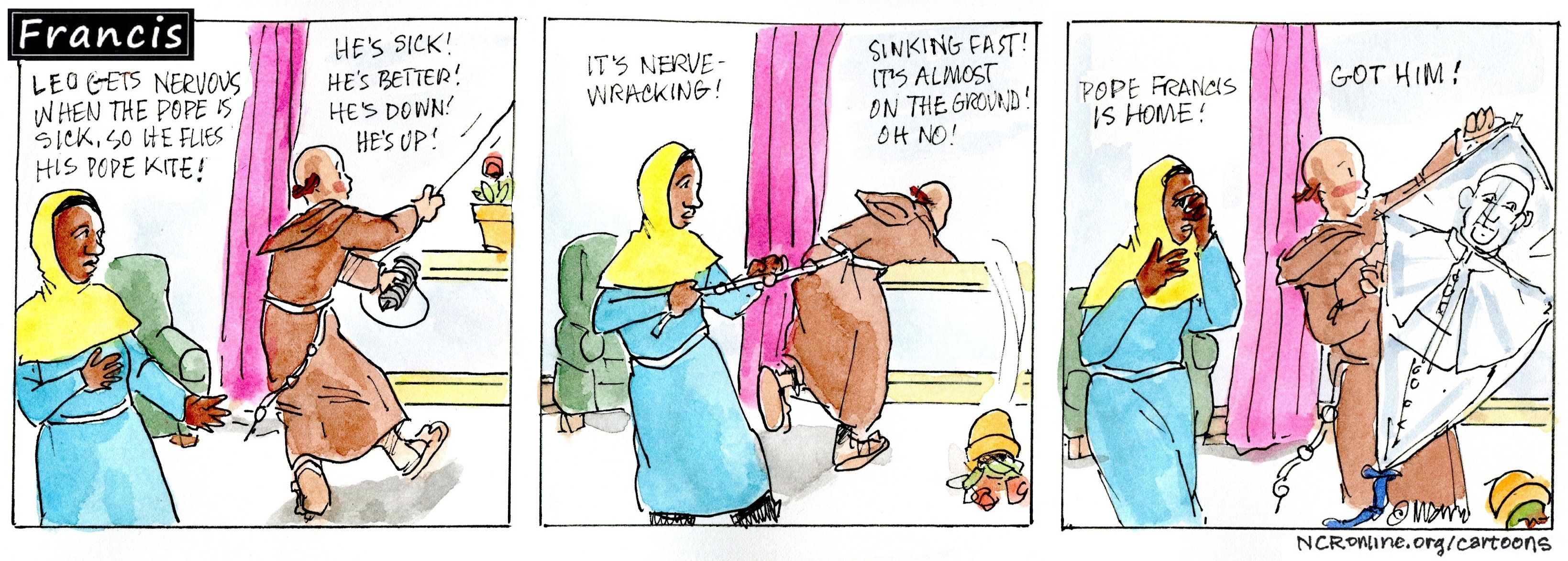 Francis, the comic strip: Leo gets nervous when the pope is sick — so he flies his pope kite!