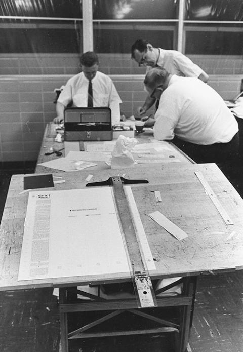 NCR staff members Jim Ralston, Robert Olmstead and James Andrews work on an issue at a print shop in August 1968. (NCR file photo/Jack Kenward)