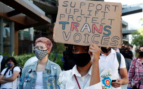 People attend a rally in support of transgender rights in Los Angeles Oct. 20, 2021. (CNS/Reuters/Mario Anzuoni)