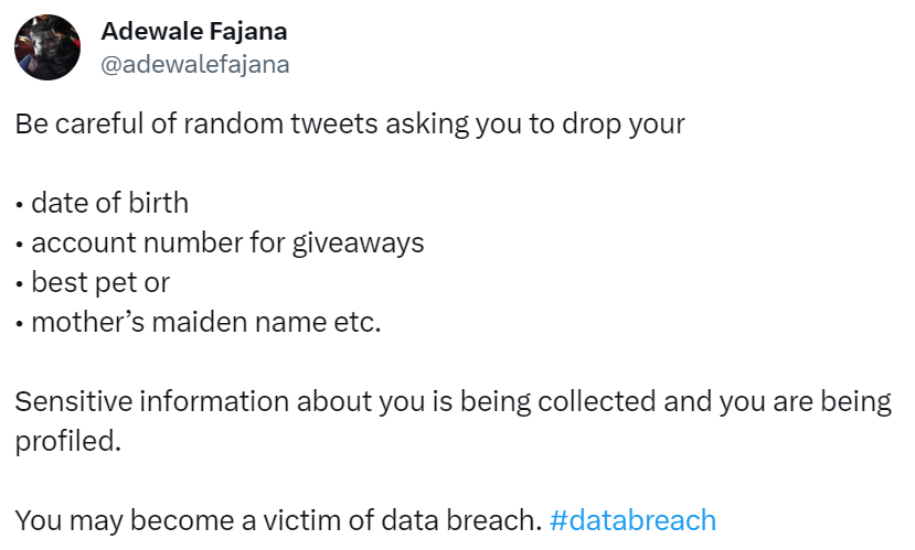 An X user warns users about leaking information online.