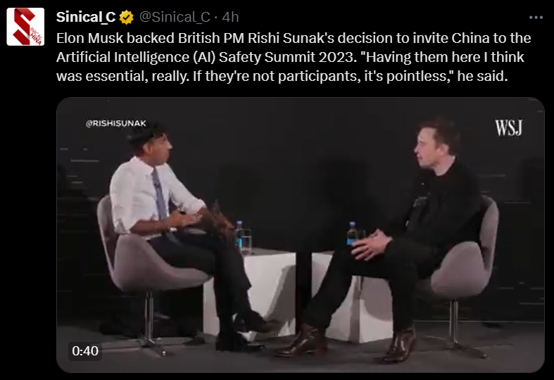 Elon Musk backed British PM Rishi Sunak's decision to invite China to the AI Safety Summit 2023. Adobe generative AI.