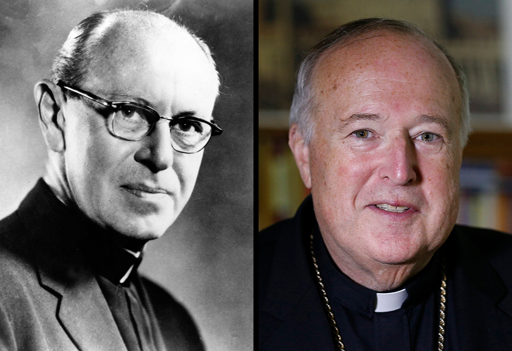 Jesuit Fr. John Courtney Murray, left, is pictured in an undated photo; at right, Bishop Robert McElroy of San Diego is pictured after an interview with Catholic News Service Oct. 27, 2019, in Rome. (CNS files/Paul Haring) Jesuit Fr. John Courtney Murray, left, is pictured in an undated photo; at right, Bishop Robert McElroy of San Diego is pictured after an interview with Catholic News Service Oct. 27, 2019, in Rome. (CNS files/Paul Haring)