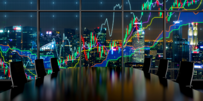 Forex graph and an amazing night view of the business city area. A metaphor of international financial consulting.